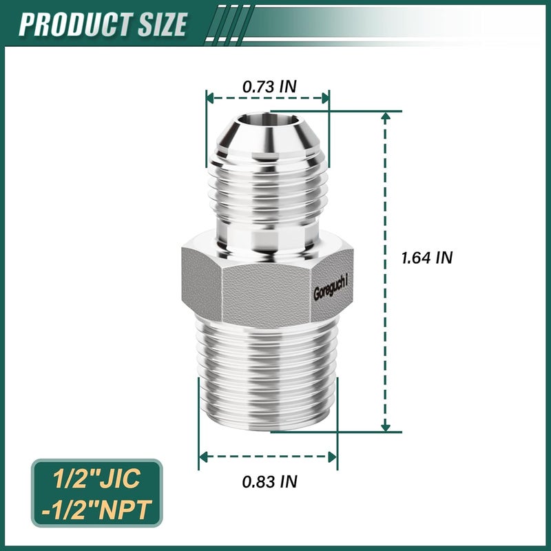Goraguchi 5PCS 304 Stainless Steel Forging JIC Flare Tube Fittings, 1/2" JIC Male x 1/2" NPT Male, Half Union, with Protection Cover, for Fuel/Airl/Water/Gas/Oil - Image 2